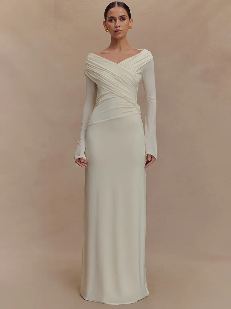 

Autumn V Neck Long Sleeve Sexy Maxi Dress For Women Gown Fashion Solid High Waist Ruched Bodycon Club Long Dresses
