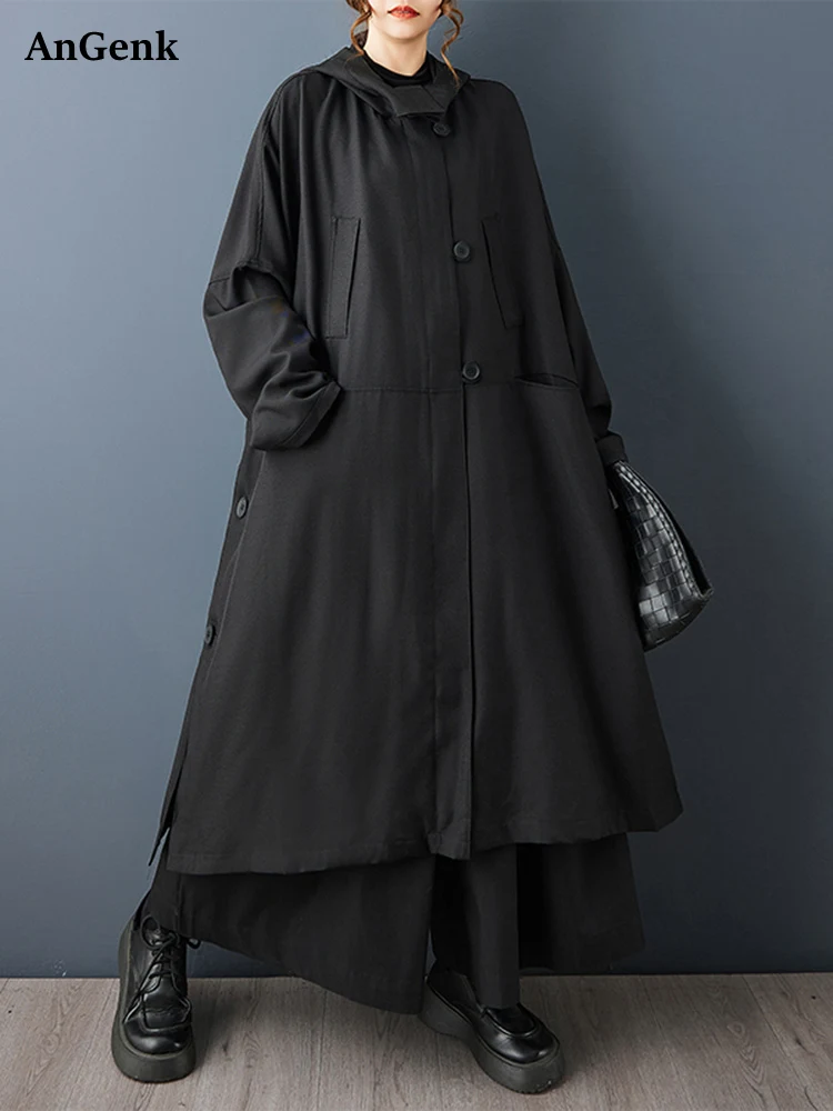 

Большой черный винтажный длинный плащ с капюшоном на молнии для женщин, новая осенне-зимняя модная повседневная свободная верхняя одежда 2025