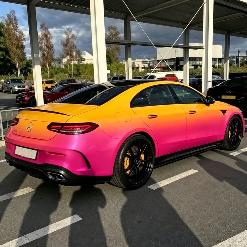Custom 1.52*20M Yellow Pink Gradient PET Metallic Car Wrap Vinyl Air Bubble Free Car Wrapping Film for Full Body