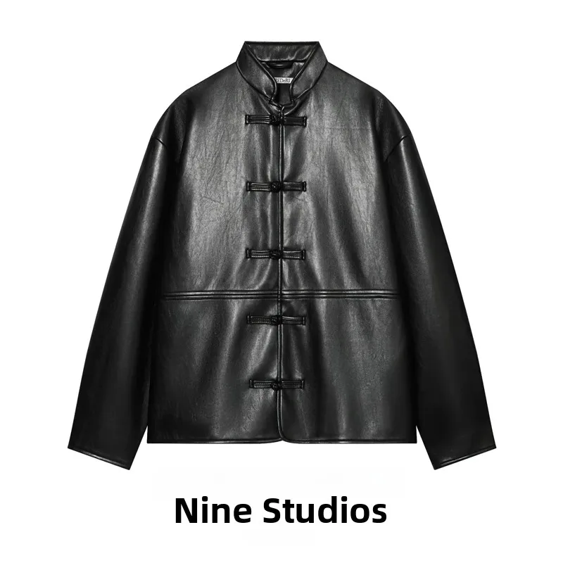 NINE ZAR Women's PU Leather Effect Jacket Coat Rope Buckle Long Sleeve Stand Collar Regular Length Fashionable Outerwear