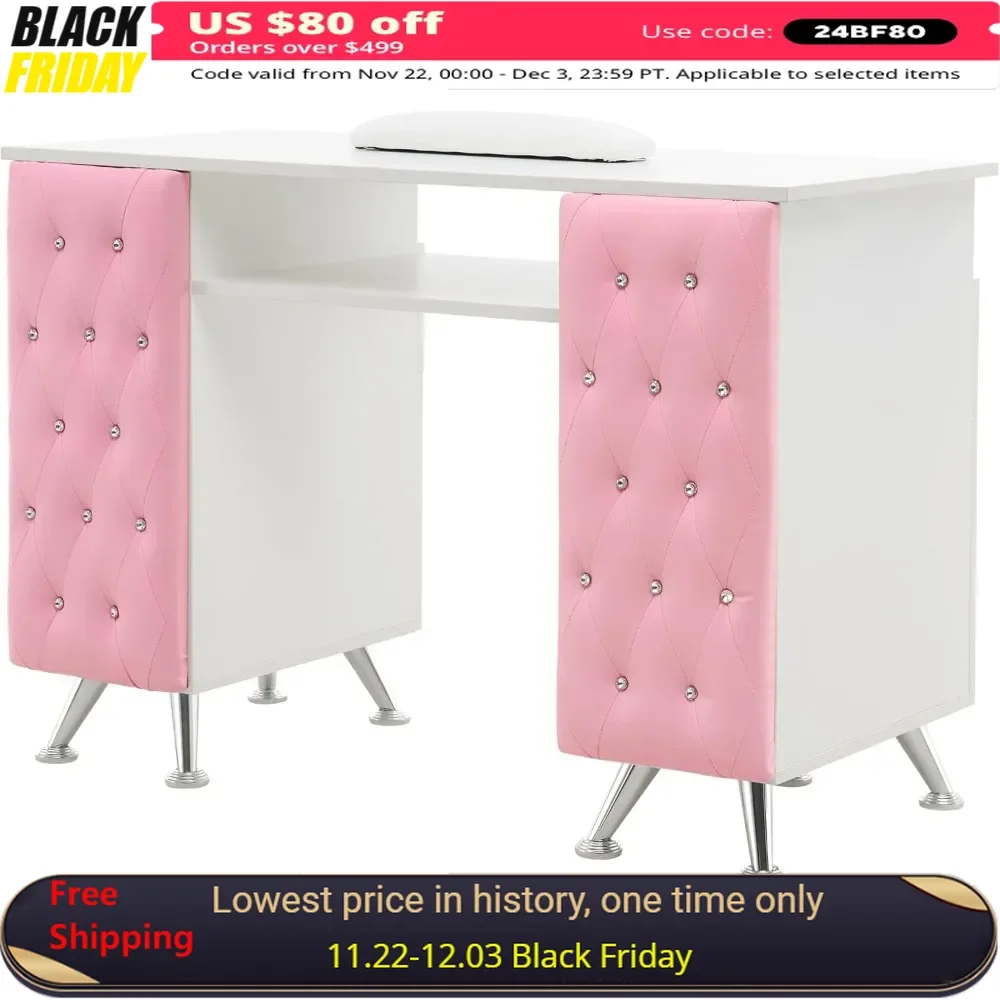 Manicure Table with Drawers, Acetone Resistant Nail Desk, Spa Salon Storage Equipment 2671 (White&Pink)