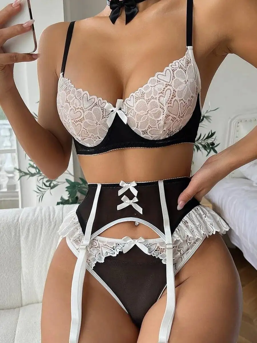

Sexy Up Bra Lace Bra Set Underwear Maid With Underwire Backless Deep V Suspenders Sleeveless Bowknot Pure Desire Charming K9W7