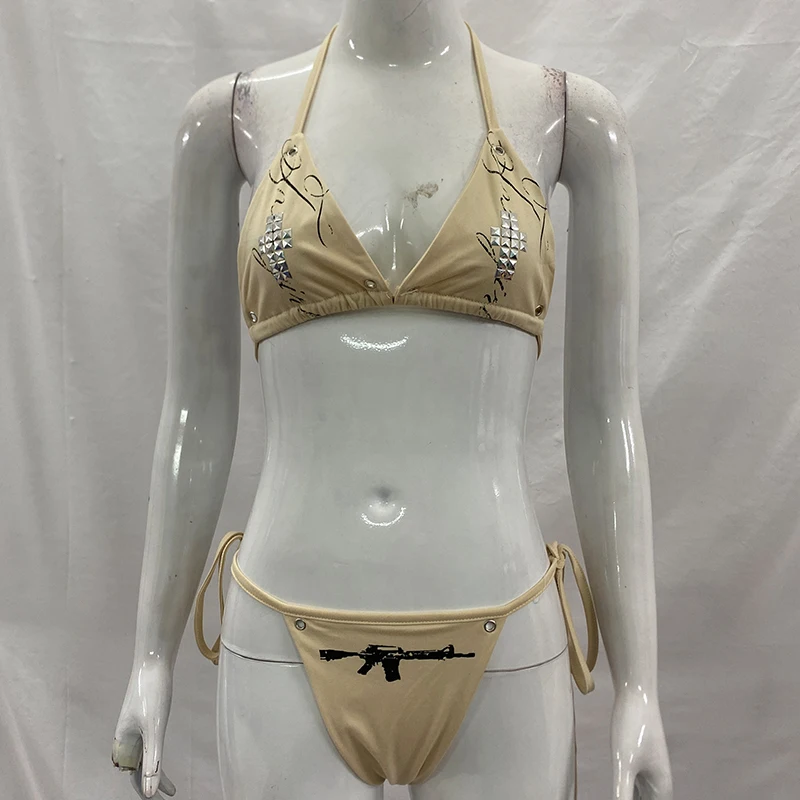 Summer Beach Pool Vacation Gothic Spice Girls Bikini Sexy Spice Girls Letter Printed Cross Rhinestone Top Briefs Split Two Piece