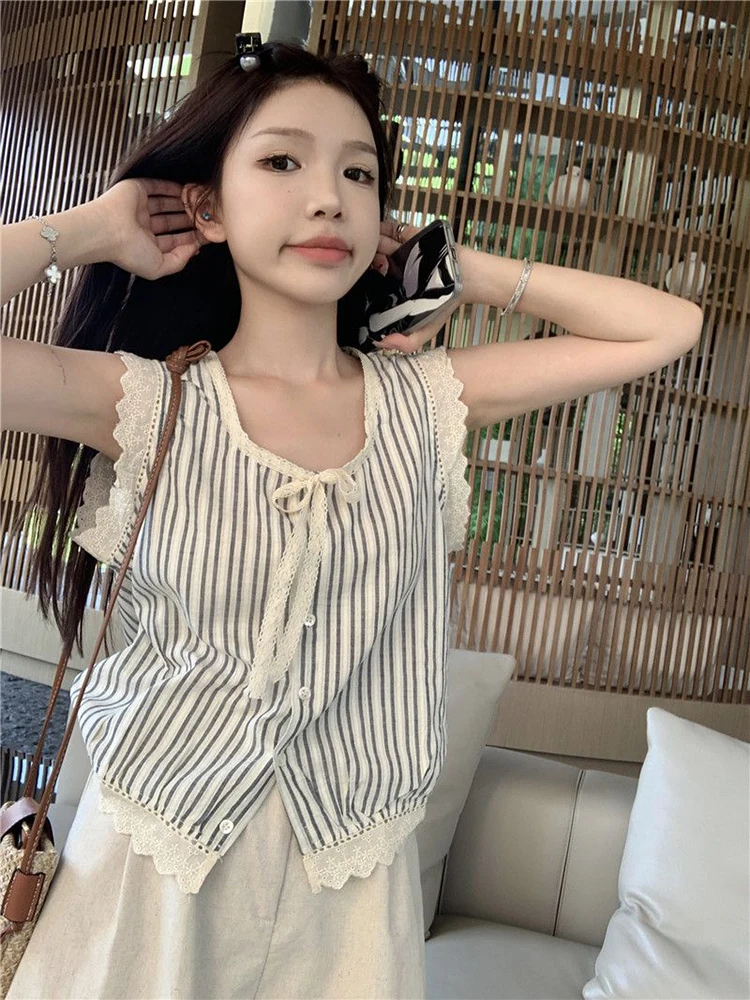 Striped Women Shirts Summer Lace Patchwork Loose Lace Up Casual Tops Korean Chic O Neck Sleeveless Button Blouse New