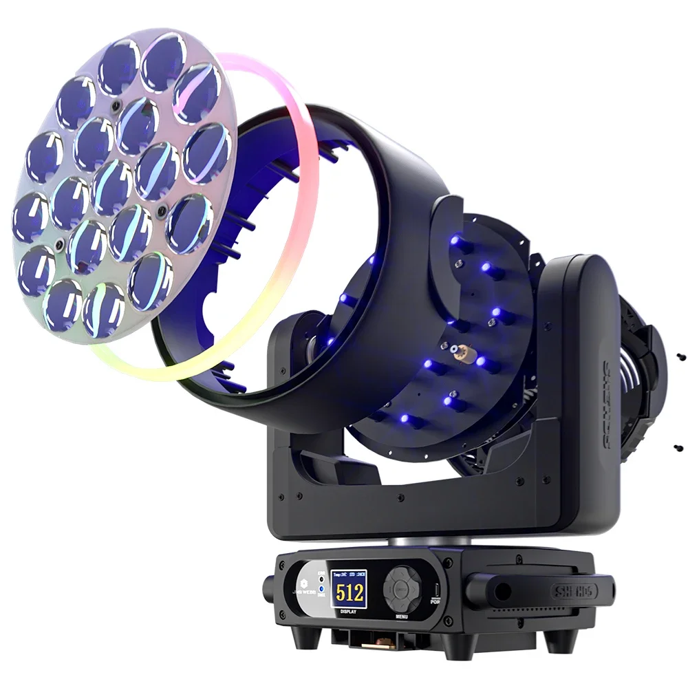 SHEHDS New 19x15w RGBW Moving Head With Ring Beam Wash Zoom Stage Light Effect Professional For DJ Disco Wedding Party Low Noise