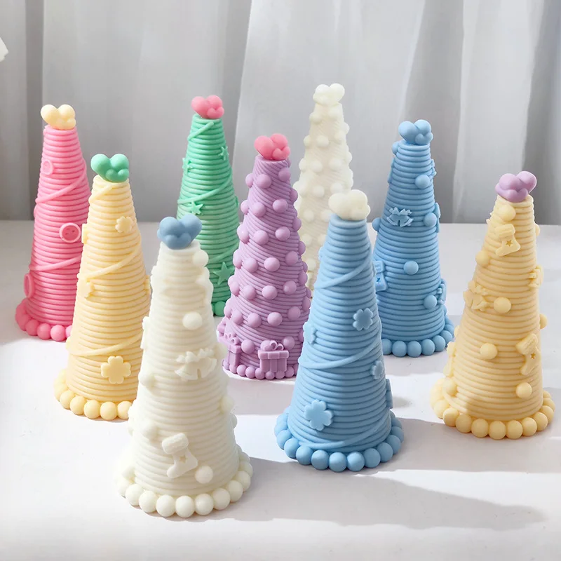

3D Christmas Tree Heart Top Candle Silicone Mold Striped Craft Star Ball Top Cone Hat Gypsum Candle Resin Mould Xmas Decor Gift