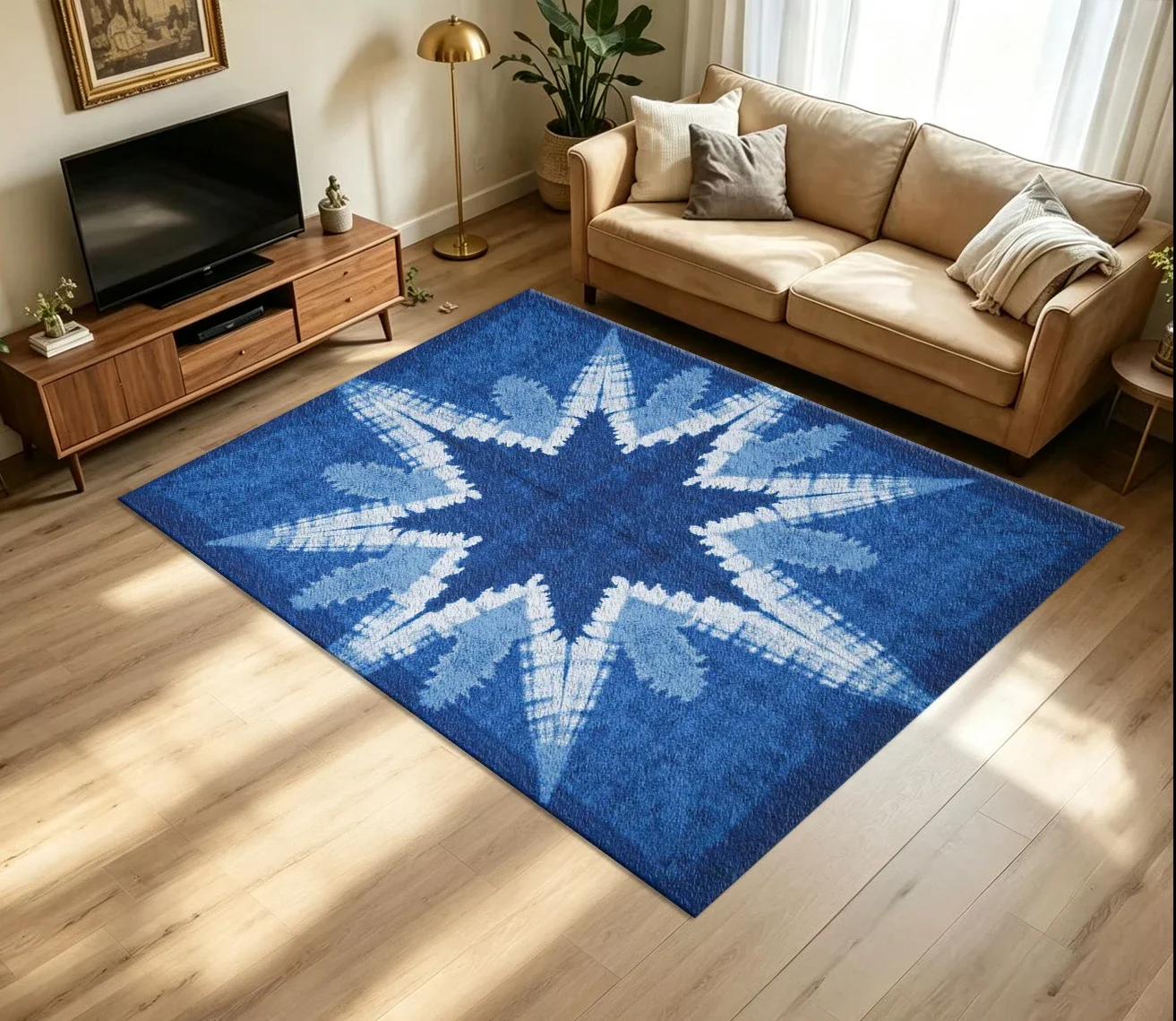 Blue Tie-Dye Star Mandala Carpet Flooring Retro Indigo Shibori Symmetrical Snowflake Pattern Printed Floor Rug for Household Ind