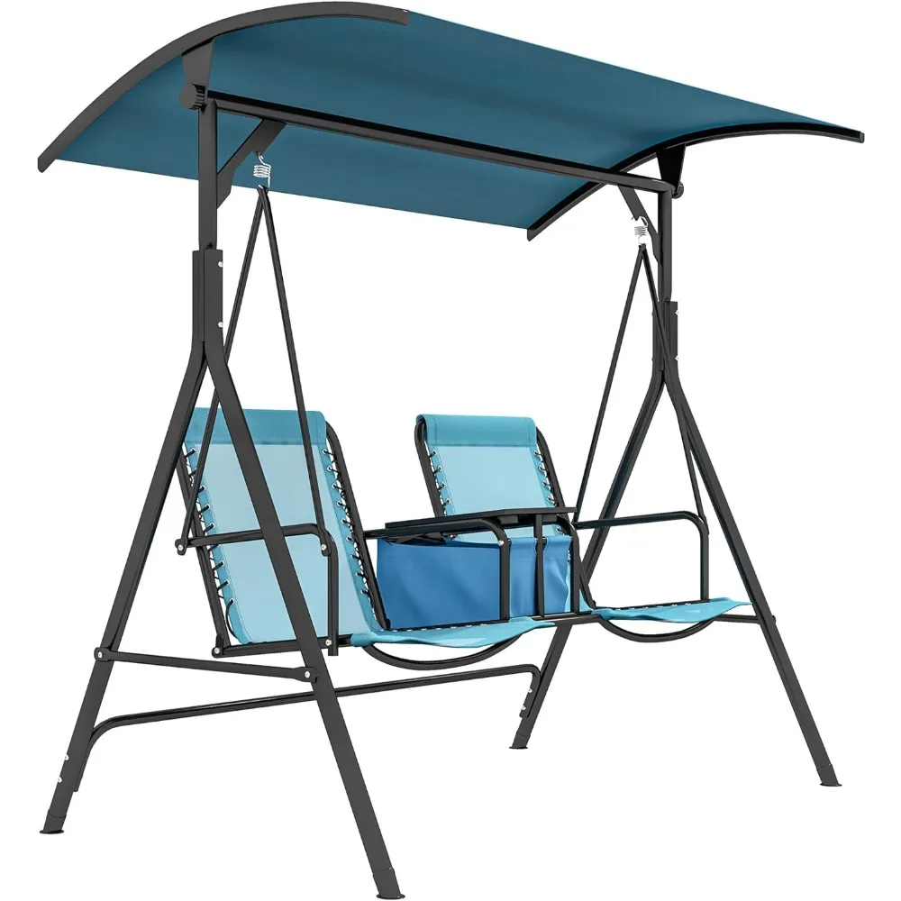 2-Seat Patio Swing Chair,Outdoor Canopy Swing Glider with Pivot Storage Table,Adjustable Shade,and Weather Resistant Steel Frame