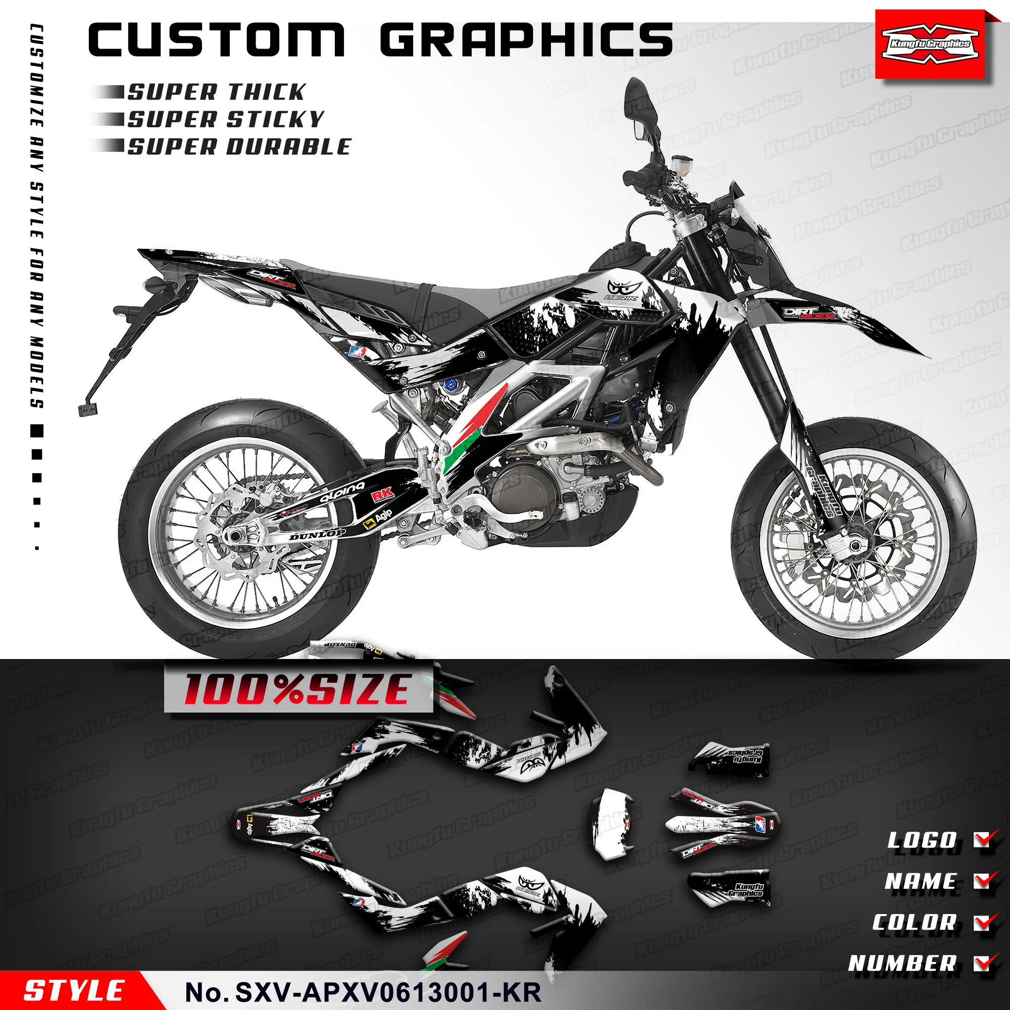 

KUNGFU GRAPHICS Racing Graphics Laminated Decals for Aprilia SXV 450 550 2006-2013, SXV-APXV0613001-KR