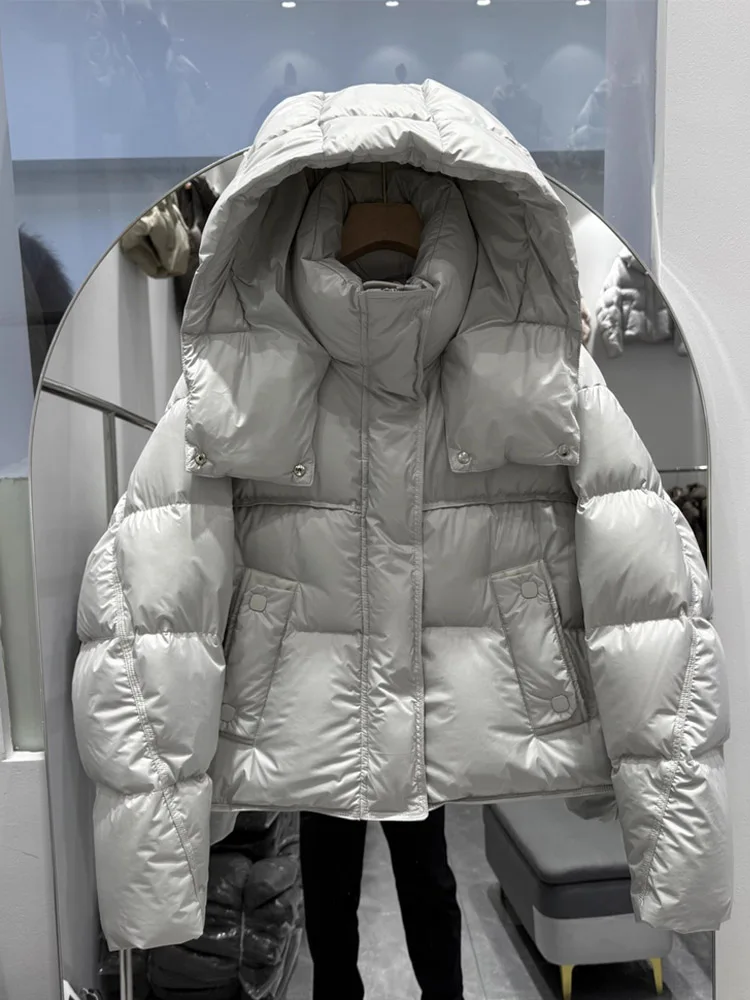 

Женское зимнее теплое однотонное пуховое пальто с капюшоном из 90% утиного пуха, пушистые парки, повседневная модная короткая куртка-пуховик
