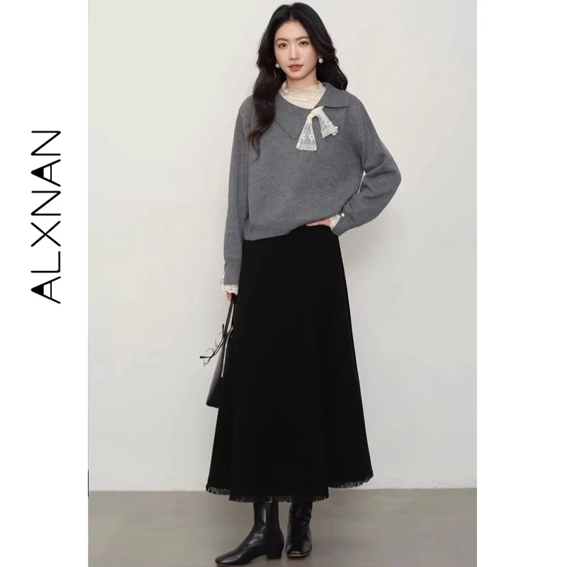 ALXNAN Grey Sweaters Lace Patchwork Slant Collar Buttons Loose-fit Short Pullovers Elastic Hem Romantic Women's Clothing L57319