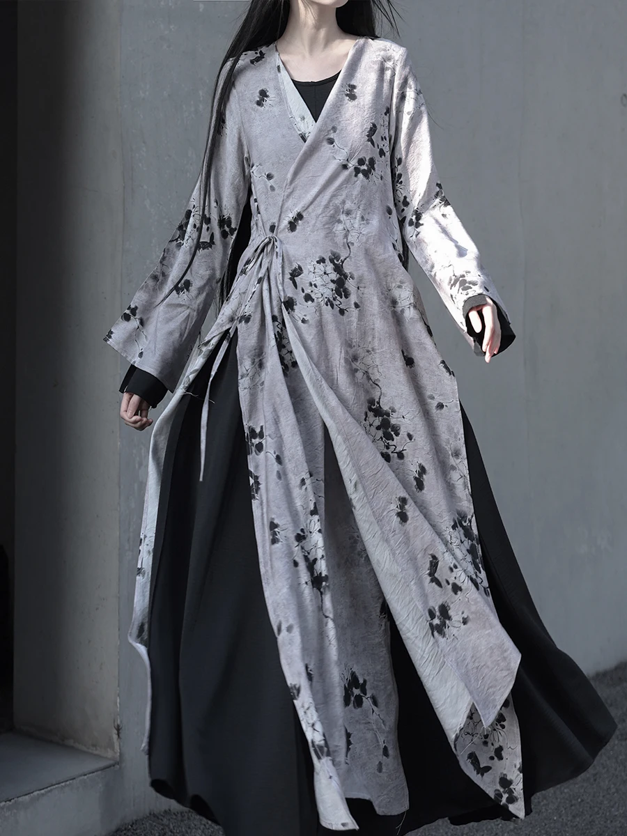 UMI MAO Chinese Style Jacket Dark Slim Irregular Long Print Lace Up Slit Flowing Cardigan Coat Y2K