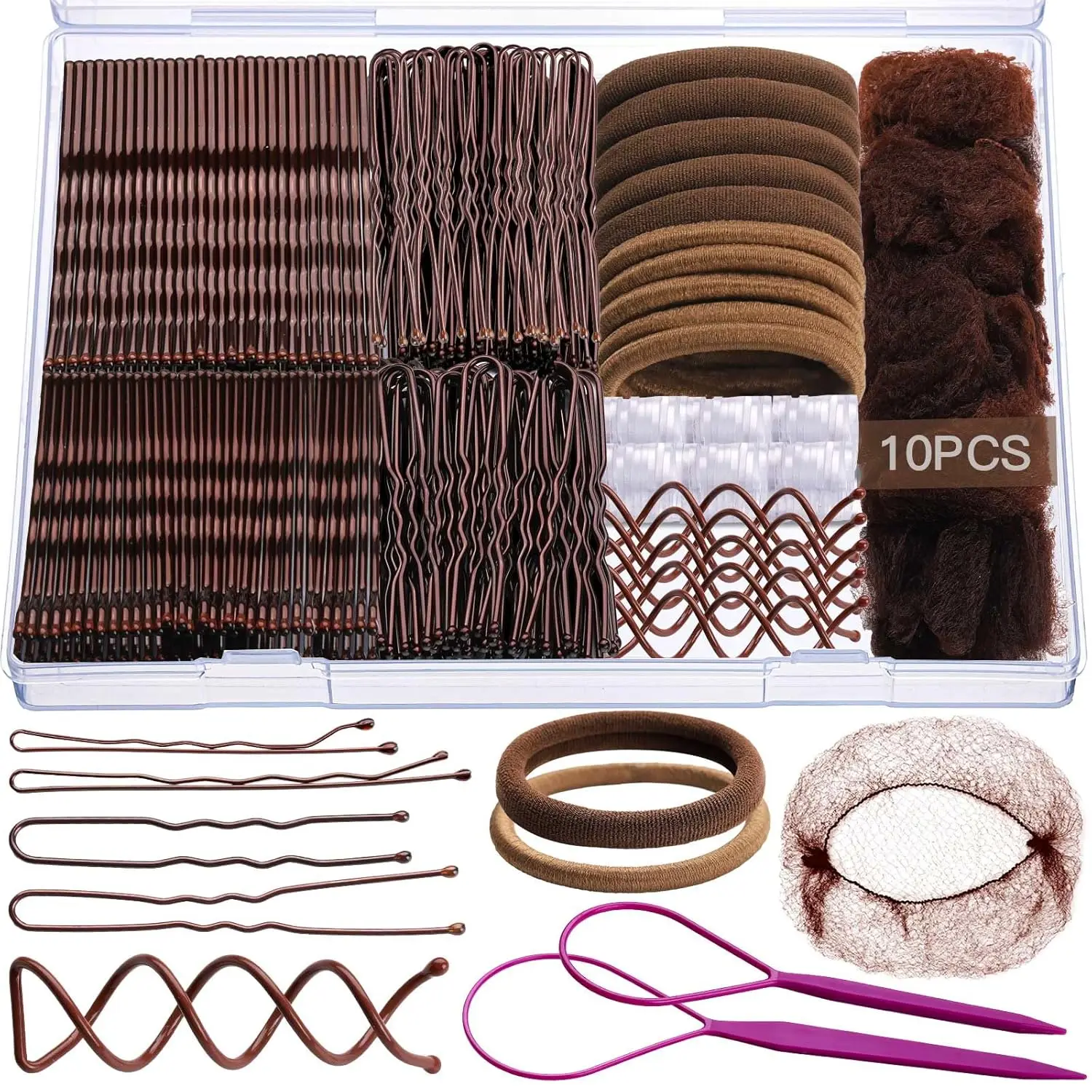 

11 Styles Brown Bobby Pins Hair Net Kit, U Shaped Pins for Bun, Spiral Pins, Hair Ties, Styling Tools for Women Girls