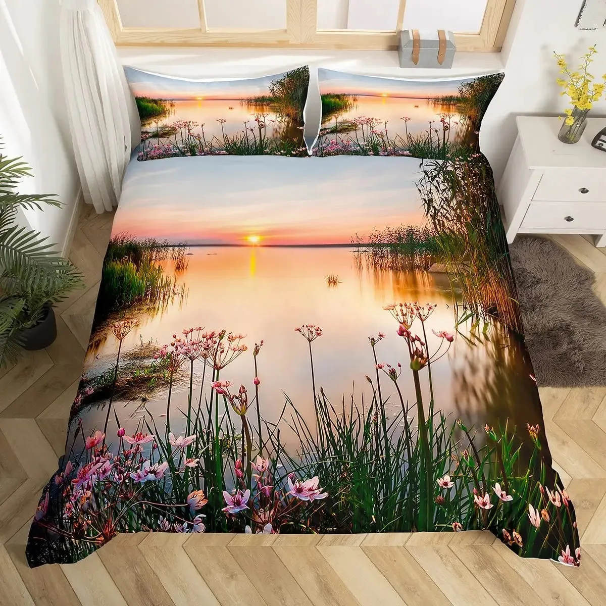 Nature Landscape Duvet Cover Sunset Comforter Cover Lake Landscape Bedding Set Polyester Spring Flower Bedspread Cover Twin King