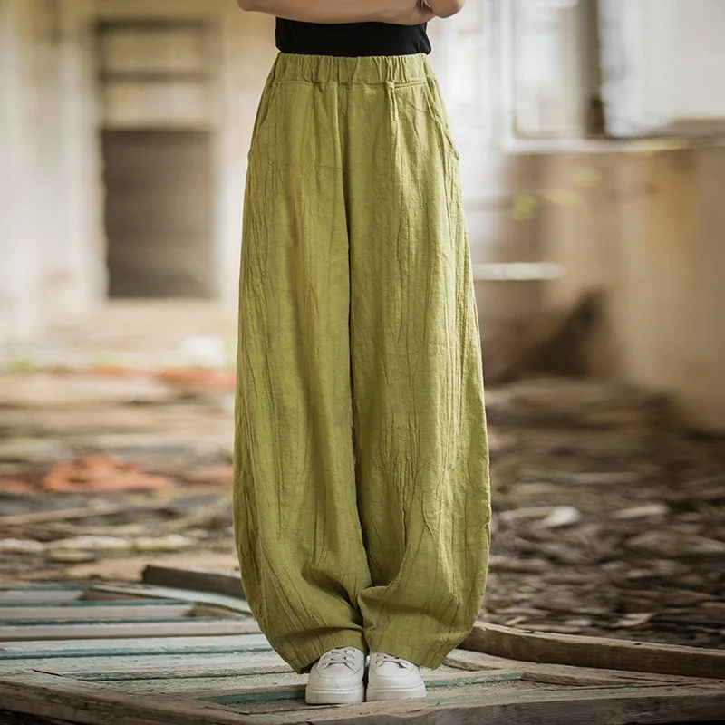 Tie-Dyed Ramie Blend Trousers - Distressed Bohemian Paper-Bag Waist Culottes for Women