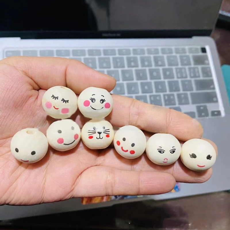 100pcs 20mm Round Beads Wooden Beads with Face Multifunctional Wooden Ball for DIY Bracelet Necklace Jewelry Making