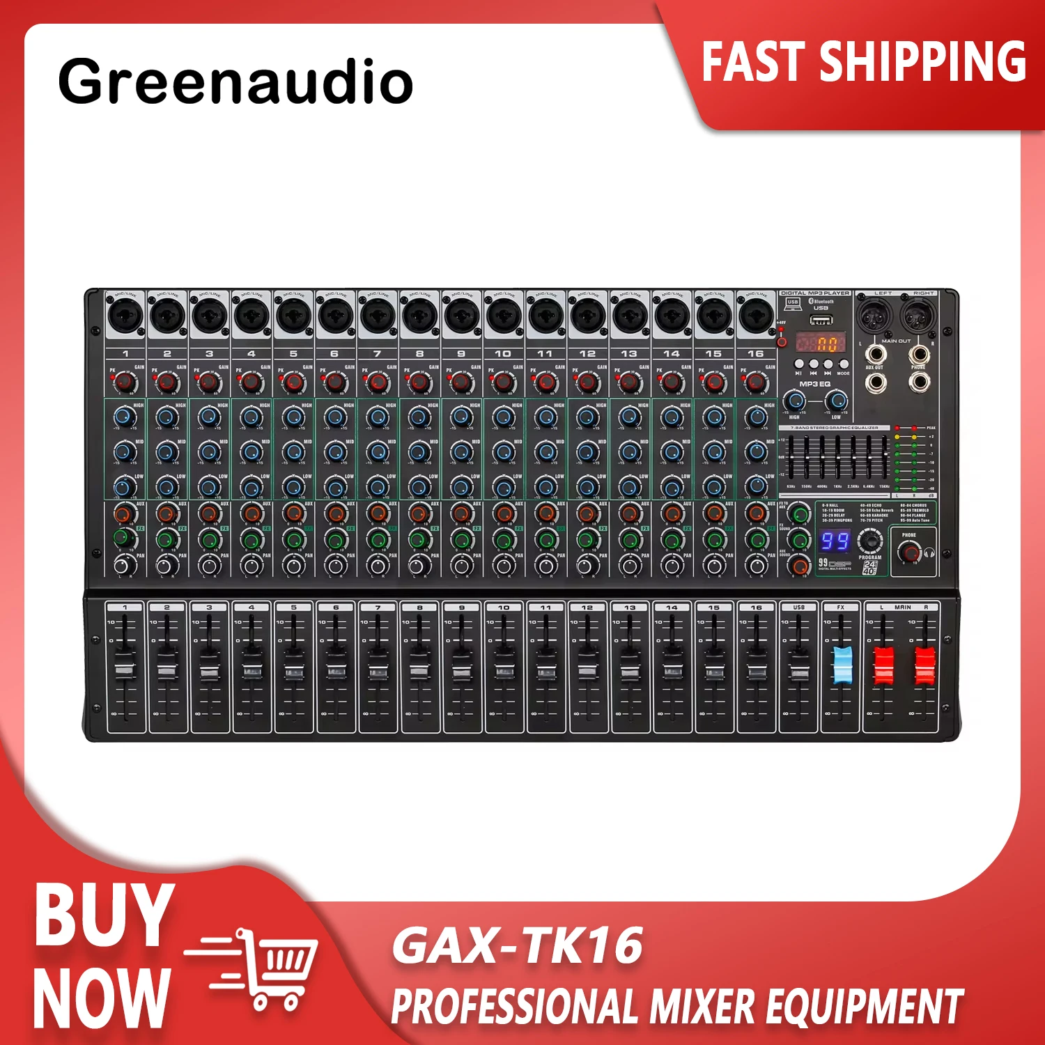 GAX-TK16 Newly Designed Music Equipment Studio Professional 16 Channel Mixer with 99 DSP Digital Reverb Effects 60MM Attenuator