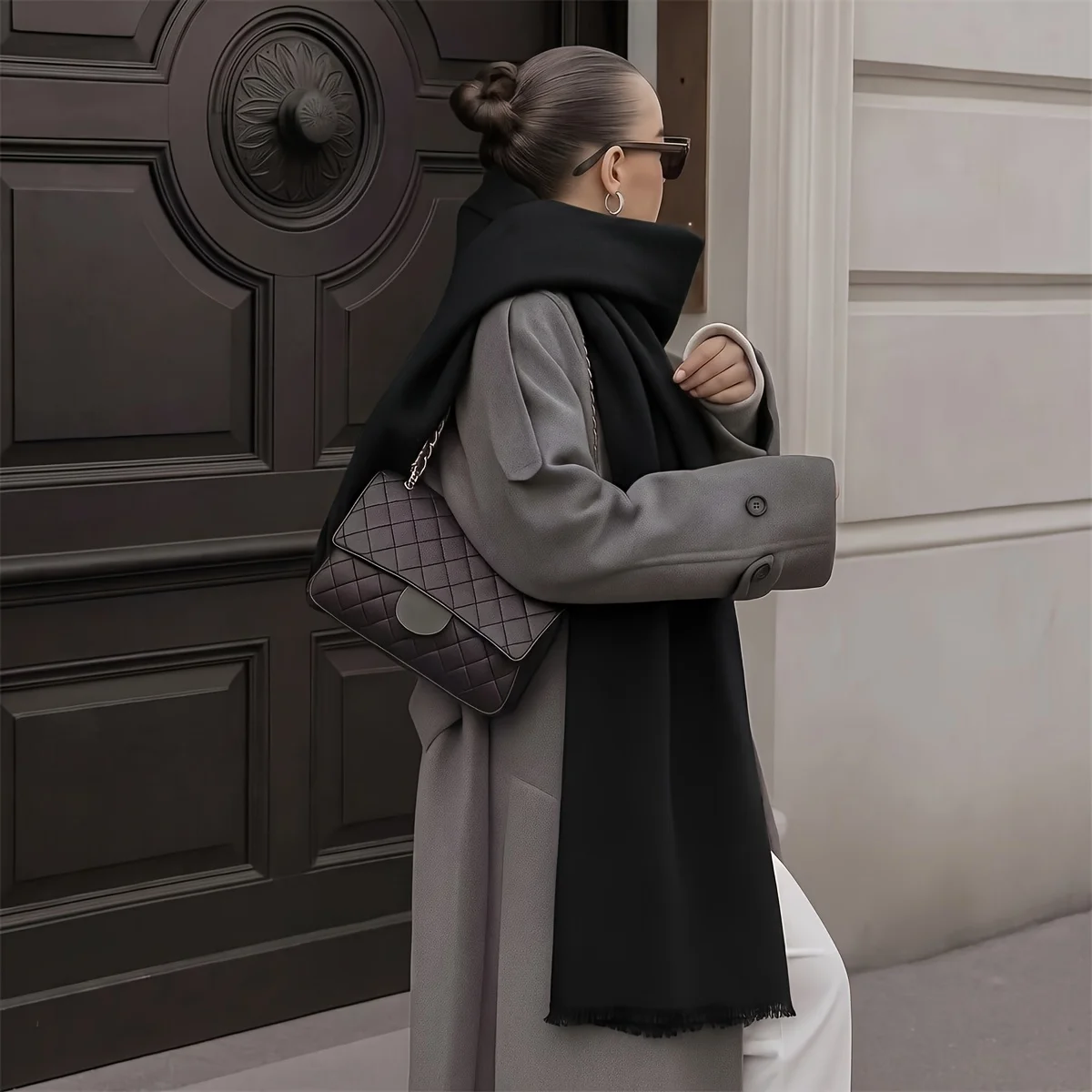 Minimalist Business Casual Style Classic Pure Black Minimalist Imitation Cashmere Tassel Long Scarf, Thick And Warm, Soft And Skin-Friendly, Suitable for Daily Commuting, Business Formal Wear Matching, Outdoor Wind Resistance