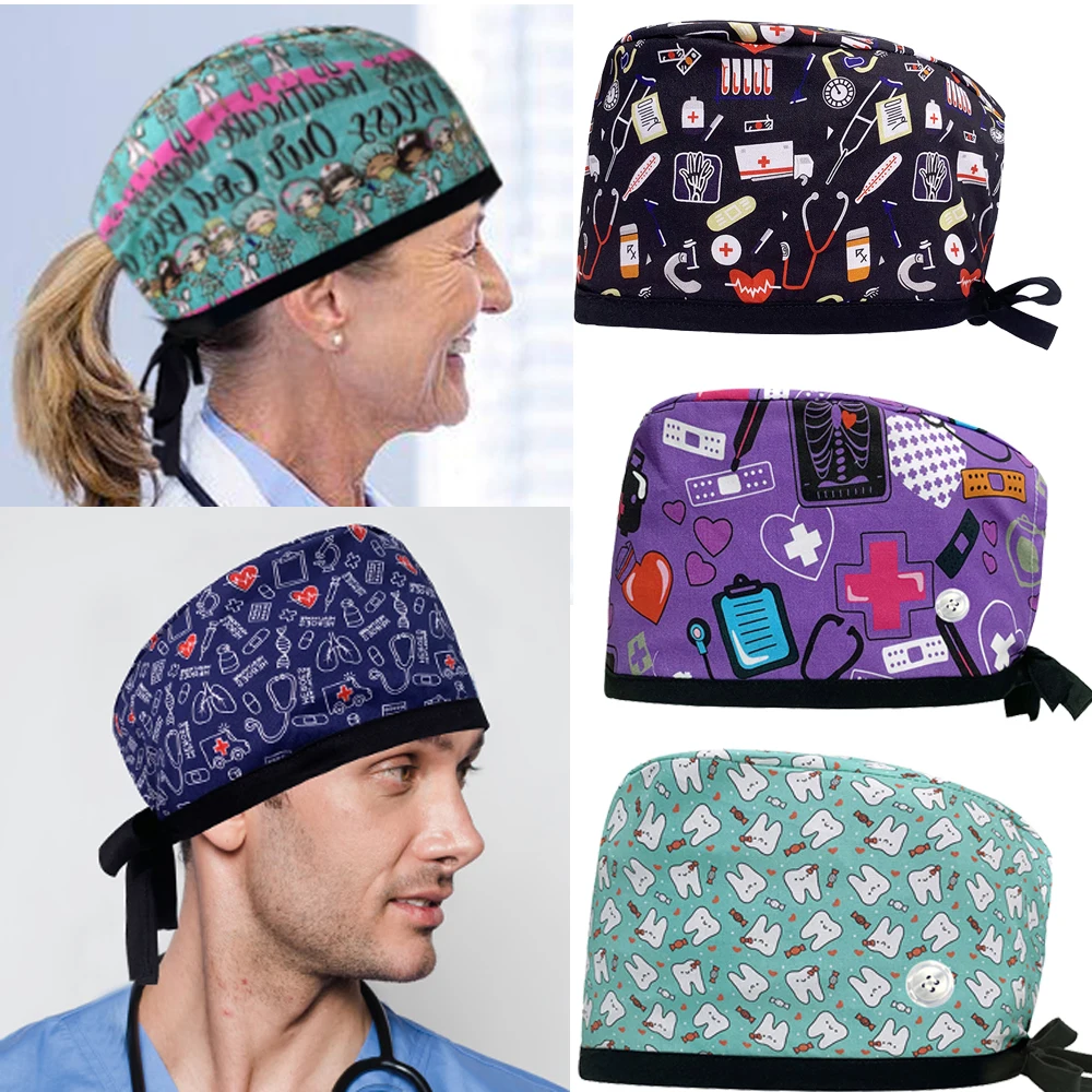 Surgical Caps Pharmacy Baotou Scrub Cap Medical Print Pet Clinic Women Men Doctors Dentist Hat Nurse Salon Hat with Buttons