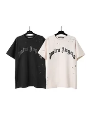 Palm Angels Summer Fashion Trend Ink Splash Holes Do Old Design lettere stampate t-shirt a maniche corte uomo e donna top in cotone