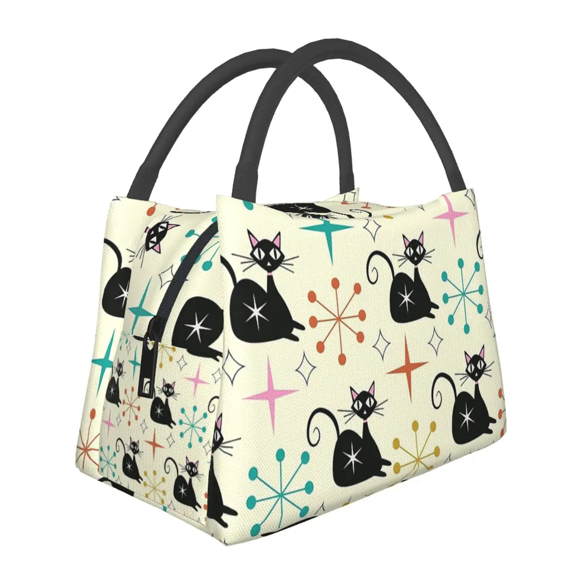 Mid Century Black Atomic Cat With Starbursts Insulated Lunch Bag for School Picnic Storage Food Boxes Portable Thermal Lunch Box