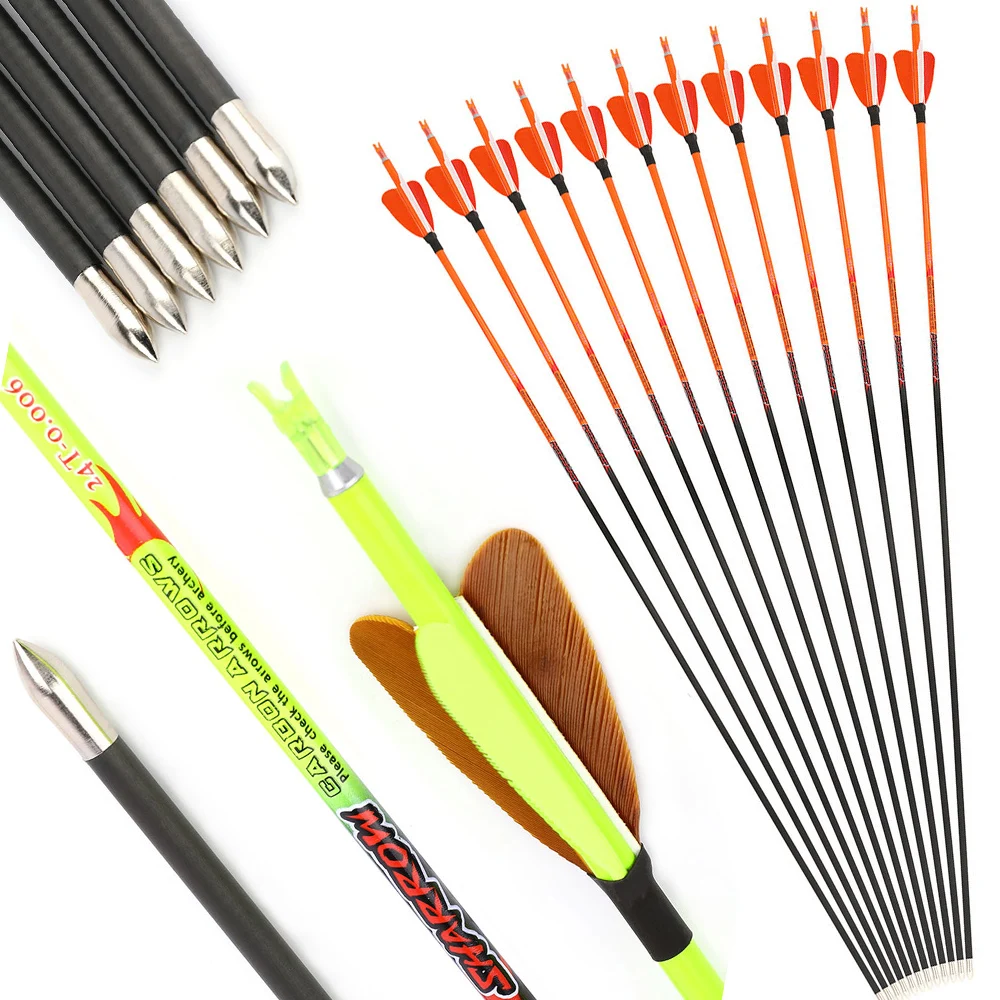 

12pcs Pure Carbon Arrow Spine 500 ID 4.2mm with 2inch Turkey Feather for Archery Recurve Compound Bow Outdoor Hunting Shootin