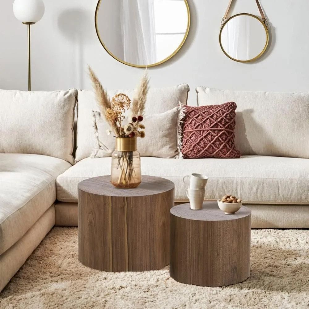 زوج من طاولات القهوة المستديرة: متداخلة خشبية وطاولات جانبية ذات أسطوانة دائرية صغيرة للاستخدام في غرفة المعيشة والمكتب #6
