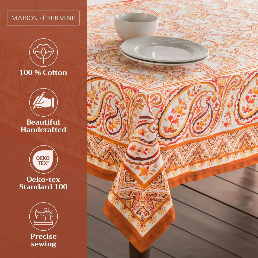 Cotton Rectangle Tablecloth 60x108 Inches, Fall-Themed, Reusable for Everyday and Thanksgiving Celebrations