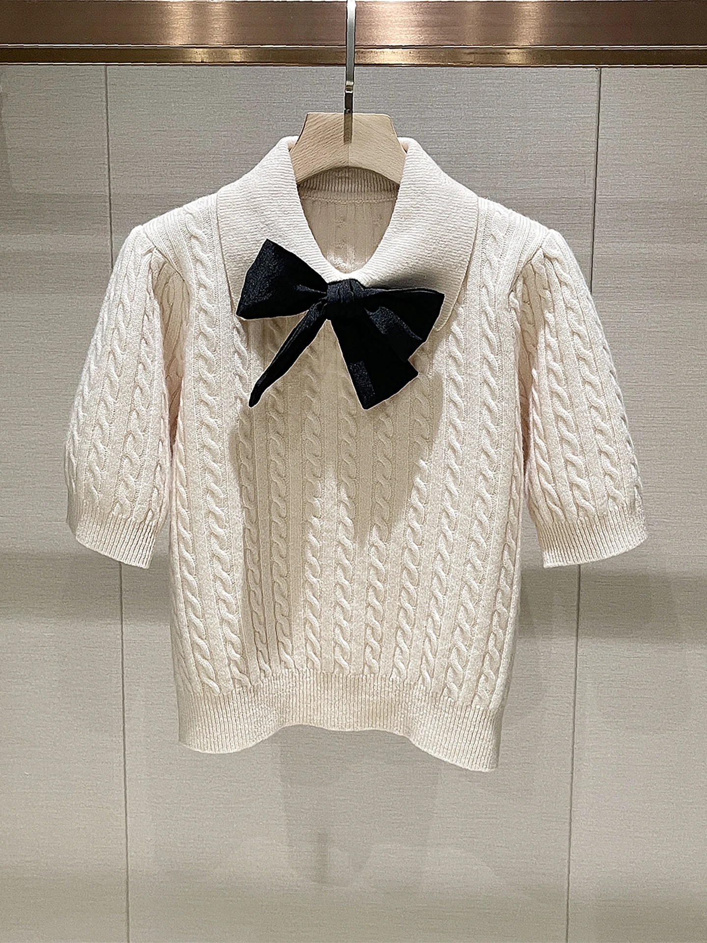 Ele malha ort sve irt colarinho nó fino ajuste feminino topo casual confortável respirável primavera faion