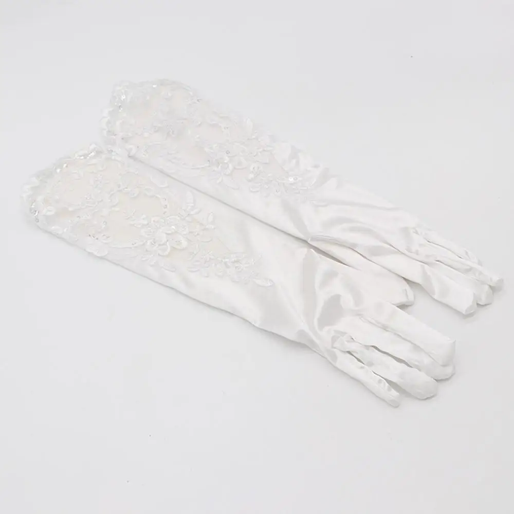 Accesorios delicados para fiesta y boda para mujer, manoplas de satén florales para banquete, guantes largos con dedos completos, longitud hasta el codo