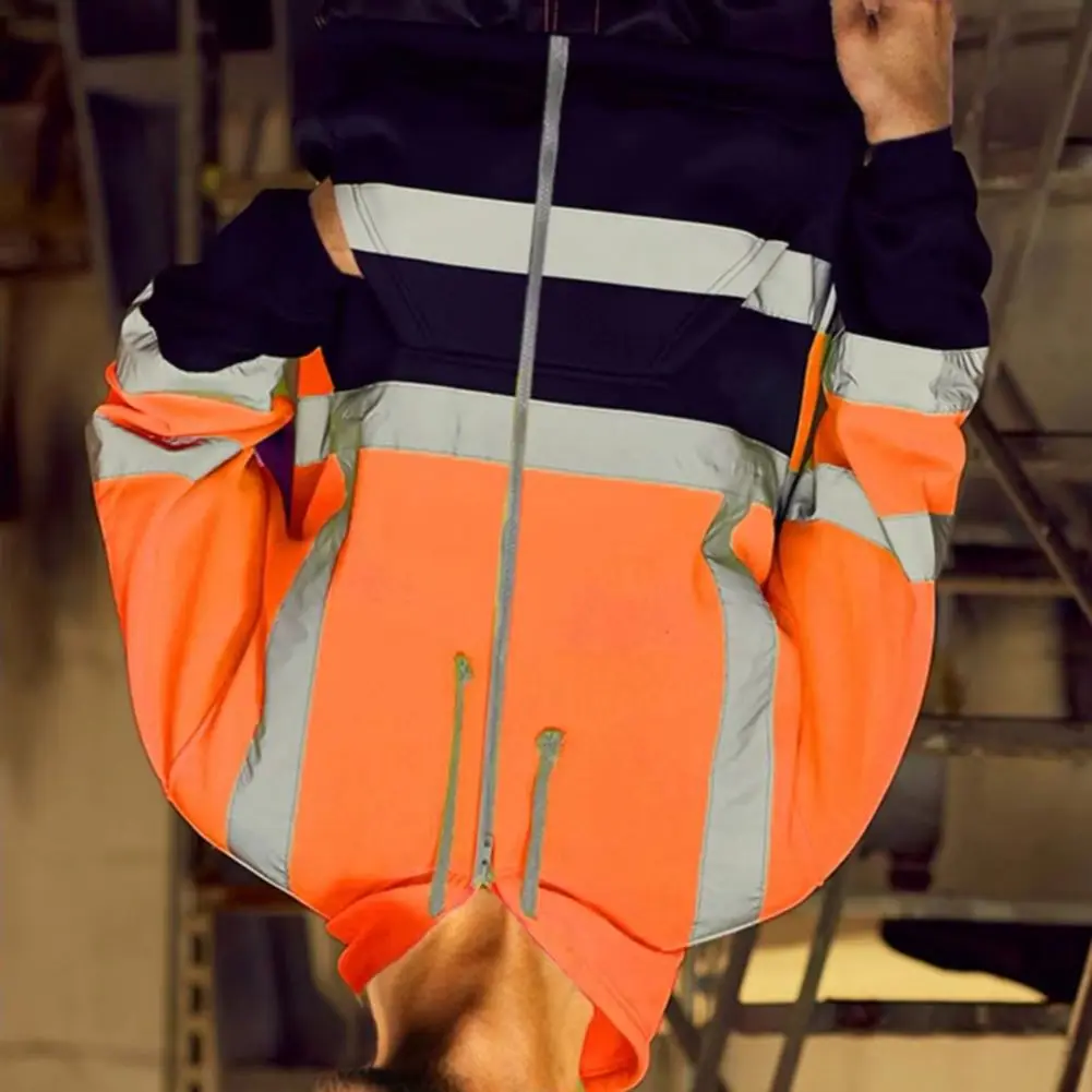 Casaco Masculino com Capuz, Cores em Contraste, Cordão Ajustável, Fechamento com Zíper, Macacão Quente e Macio, Jaqueta de Trabalho à Prova de Frio