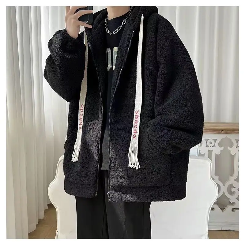 Fashion Bean Green Thick Drawcord Loose Coat Winter Men Hoodie Letter Shnedo Sweatshirt Long Sleeve Pullover Lamb Wool Male New