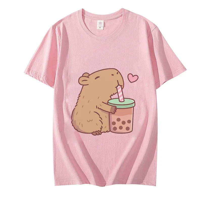 Cute Capybara Loves Bubble Tea Print T-shirts Fashion Casual Short Sleeve Women Tops Y2k Summer Tee Shirts Femme Women Clothing