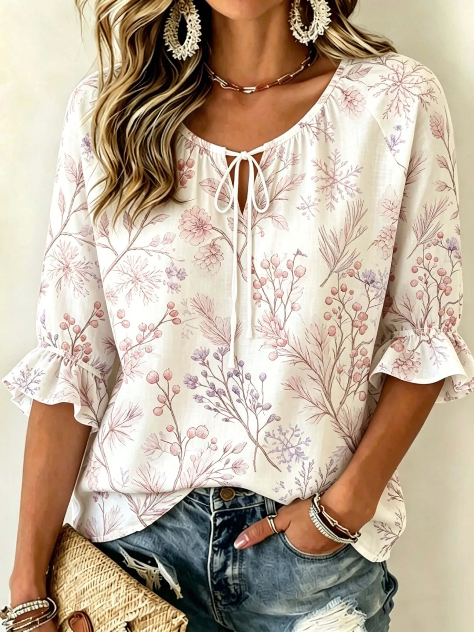 

Women's Soft Pink Botanical Print Tie Front Blouse, Casual Loose Top for Spring Summer Daily Wear