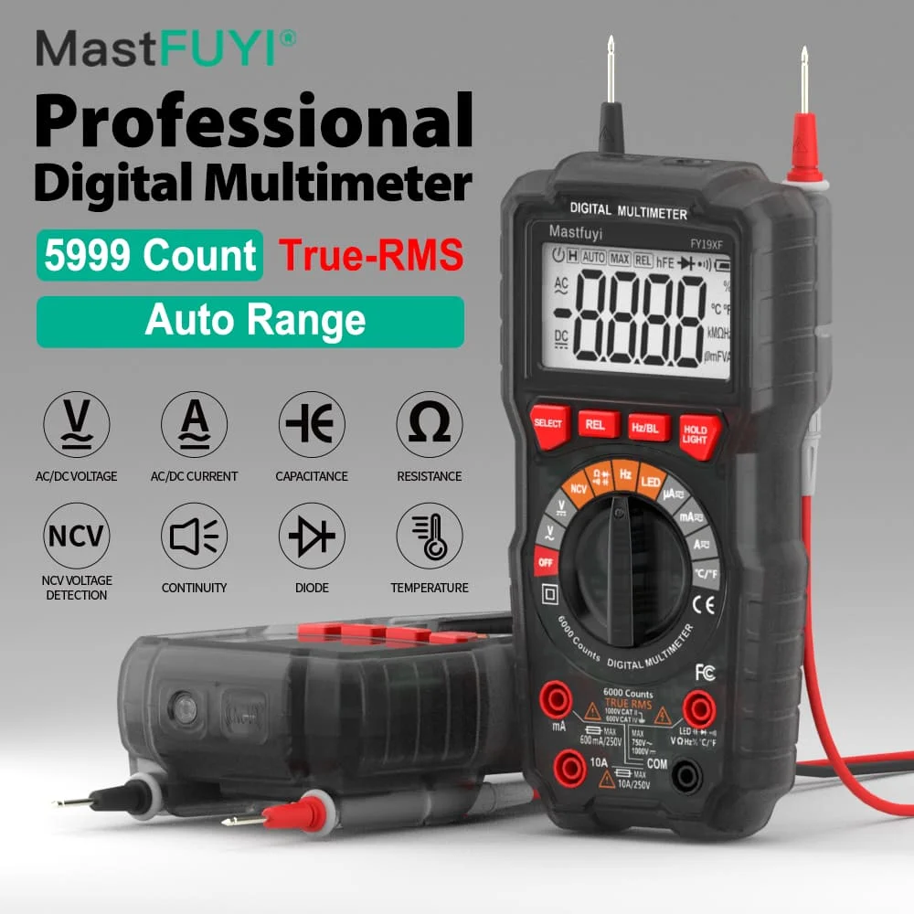 

MASTFUYI FY19XF Digital Multimeter Auto-Ranging 1000V DC, Voltage/Current/Resistance Tester with LCD Backlight & Data Hold