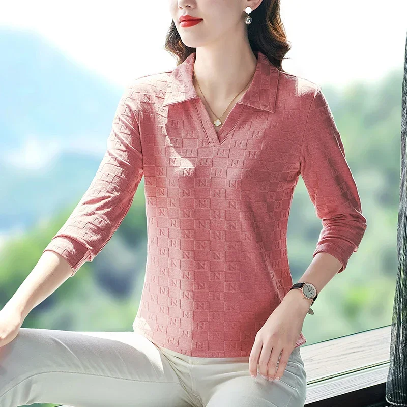 Autumn Jacquard POLO Shirt Long Sleeve Women Pulovers Women's T-shirt Elegant T-shirts Woman Pretty Neck Youth Sexy Tops Tees