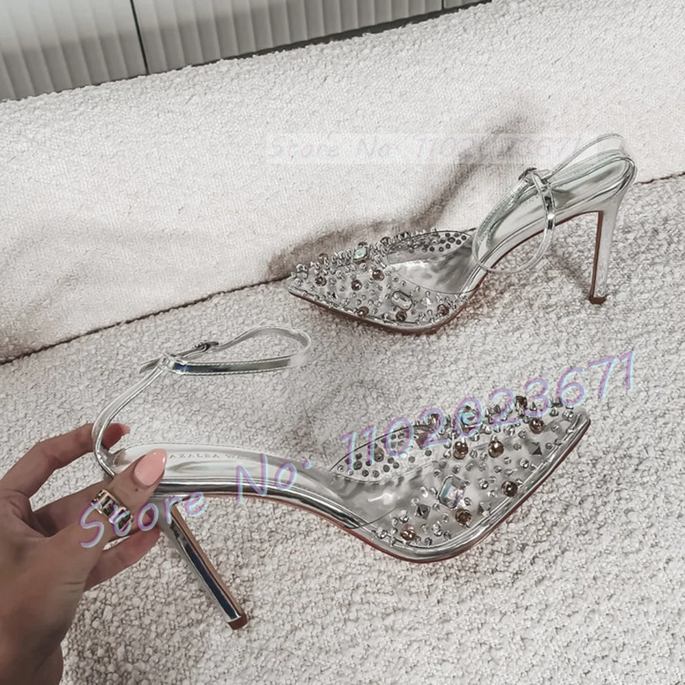 Studded Skinny Heels Pvc Sandals Women Summer Luxury Colorful Gems Clear Shoes Female Sweet Pointy Ankle Strap Banquet Sandals