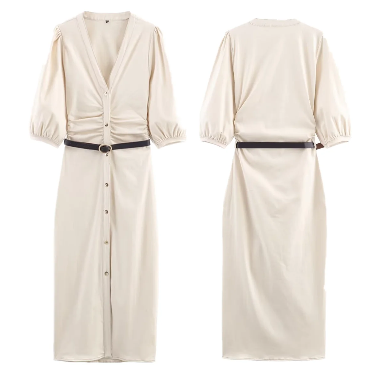 

Dave&Di Spring Denim Dress Women Fashion Lady Beige Color Puff Sleeve Elegant Party Dresses Womens Dresses Long Dress Vestidos