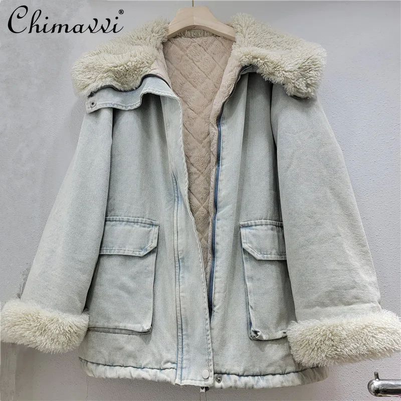 

Зимняя женская джинсовая парка в корейском стиле 2025 года, толстые куртки с большими лацканами и длинными рукавами на флисовой подкладке, женские свободные повседневные теплые пальто