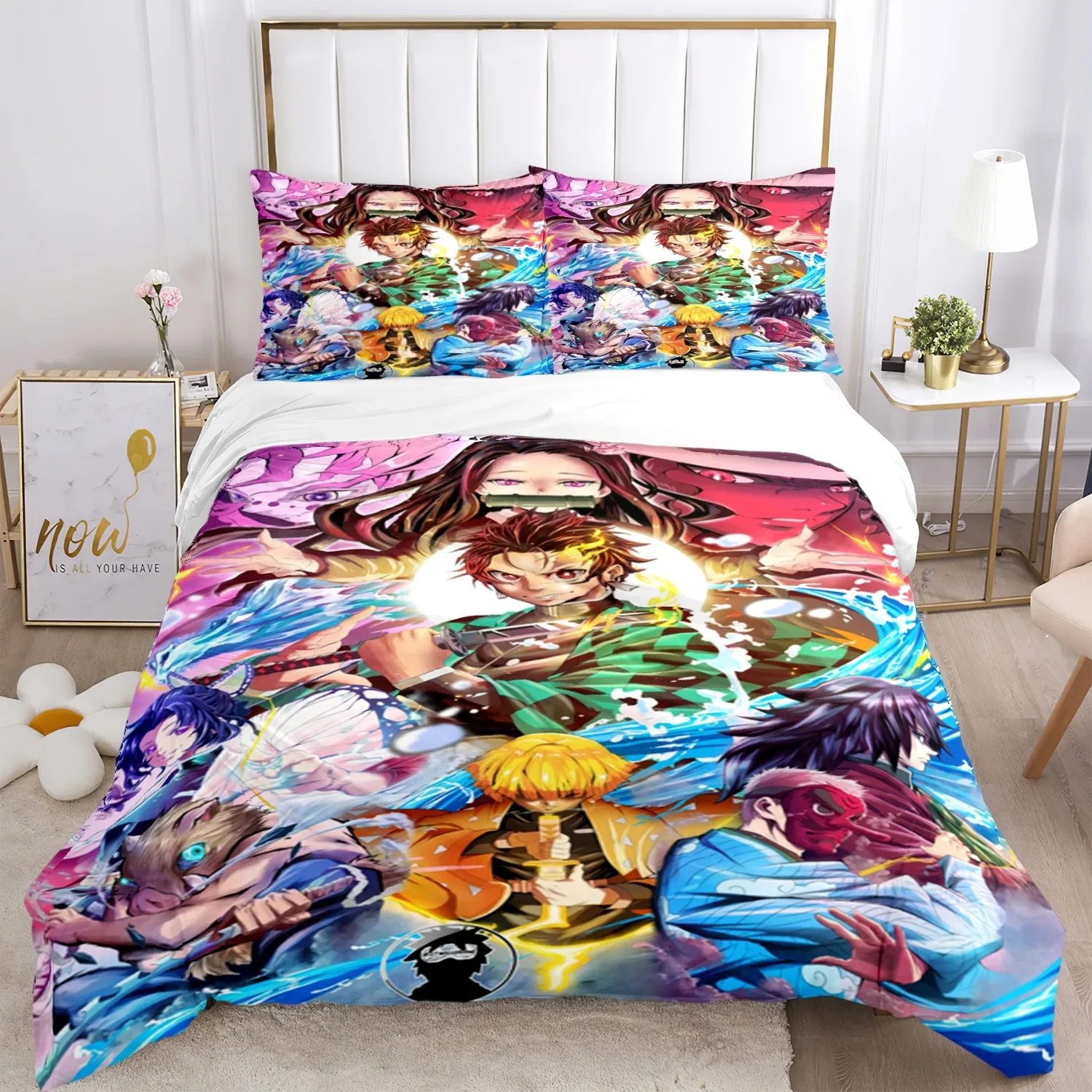 

3D Print Demon Slayer Bedding Set Three Pieces Cartoon Anime Duvet Cover Set Kids Teens King Double Full Comforter Sets Gift