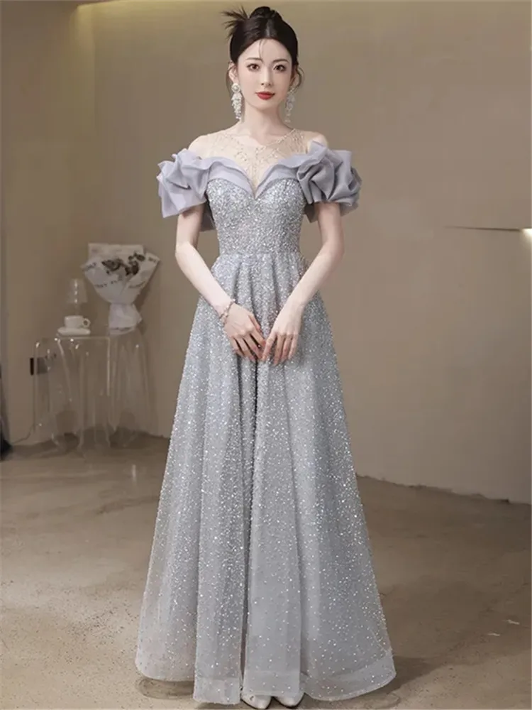 

Elegant Dress for Women's Clothing Stitching Lace Sequin Crew Neck Long A-line Skirt Temperament Evening Gown M211