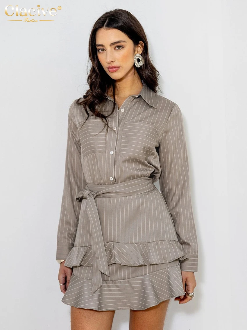 Clacive Fashion Loose Khaki Stripe Skirt Sets For Women 2 Pieces 2025 Elegant Long Sleeve Shirt With High Waist Mini Skirt Set