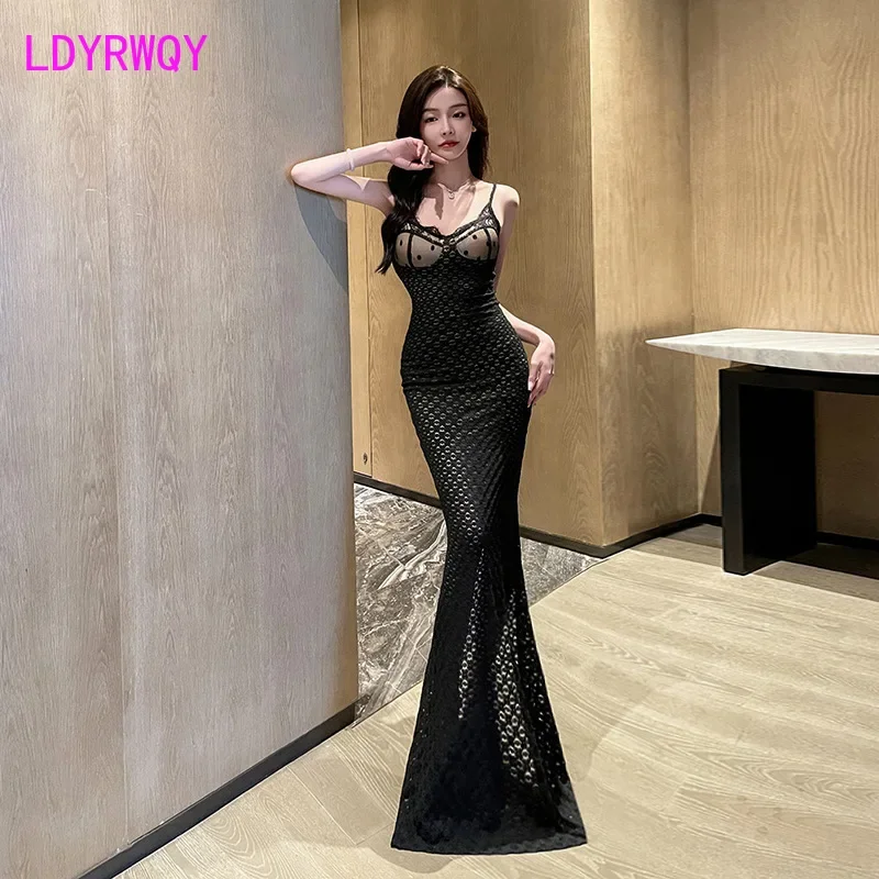 Lace Split Temperament Sexy Low cut Slim Fit Splice Nighttime Strap Dress Long Dress