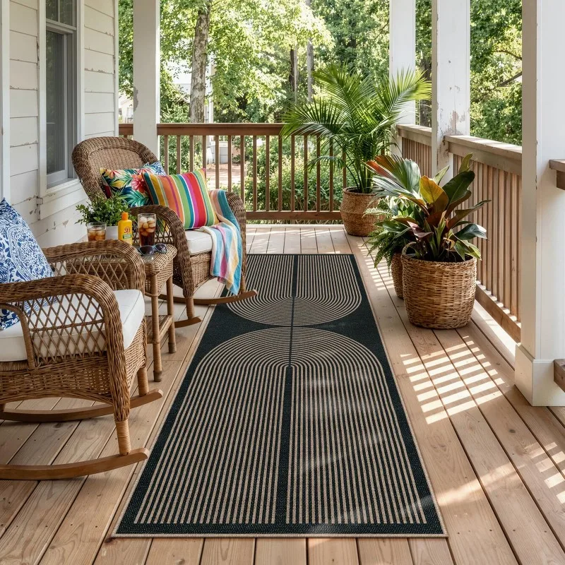 Art Deco Runner Rug Green Background Yellow Arc Pattern Carpet Non Slip Floor Mat For Hallway Kitchen Entryway Home Rugs