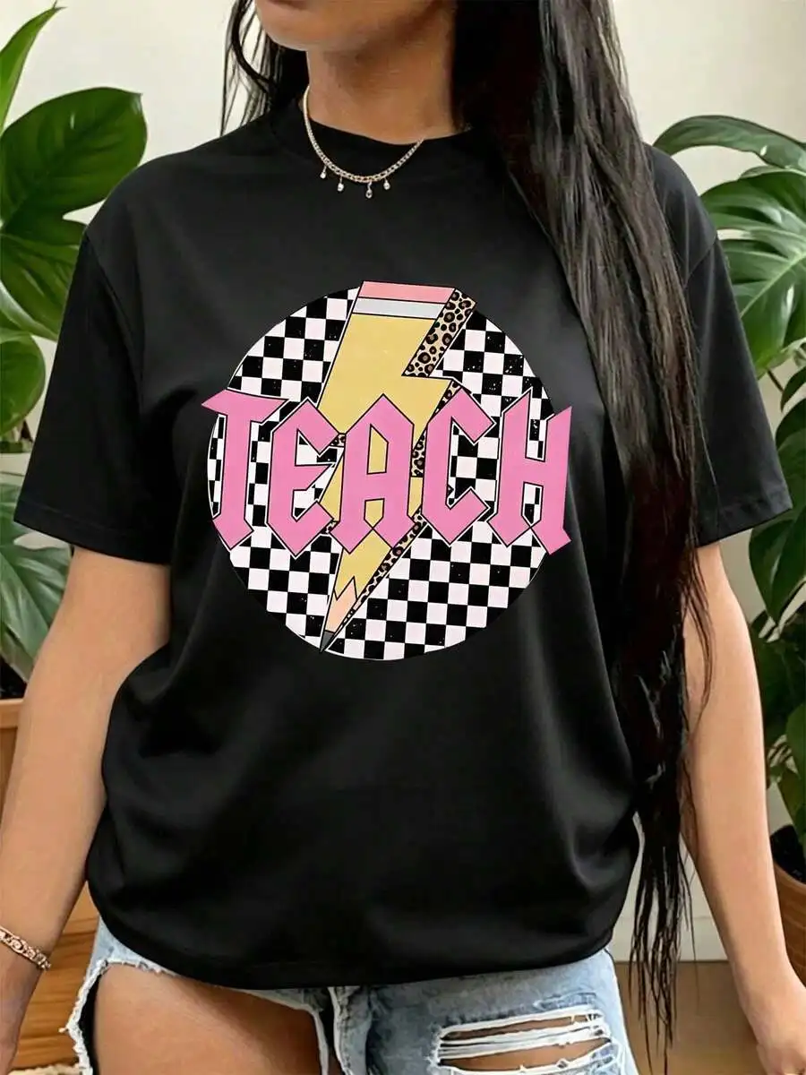 Black Plus Size Women Crew Neck T‑Shirt, Teacher Appreciation Day Lightning Bolt Checkered Graphic Short Sleeve Tee, Thoughtful Gift For Teachers & Educators