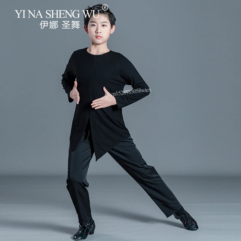 أزياء الرقص اللاتينية للأولاد برقبة دائرية وأكمام طويلة باللون الأسود لقاعة الرقص رومبا تانجو أزياء الأداء اللاتينية