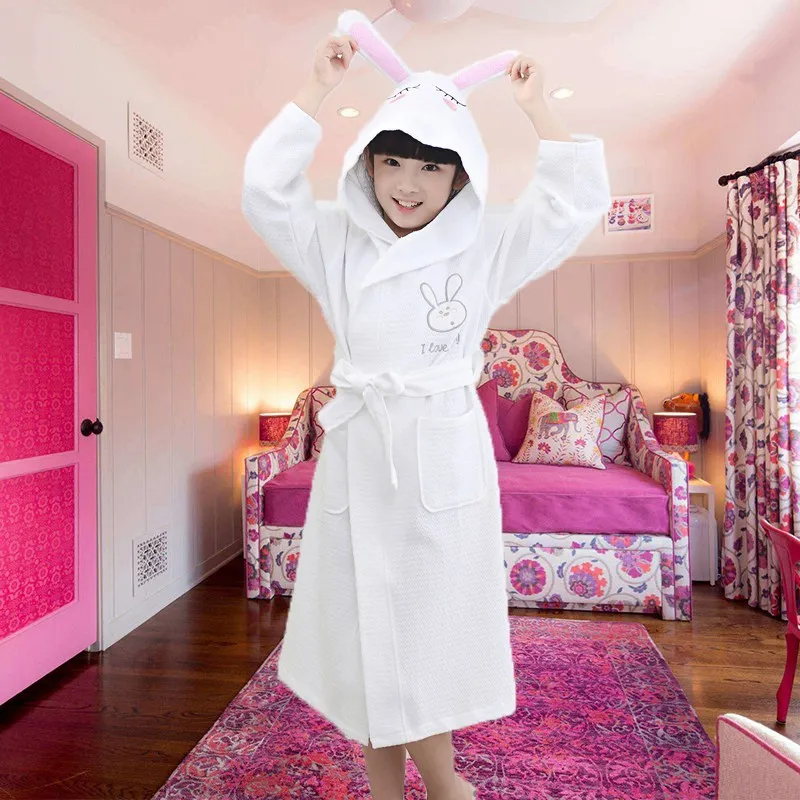 Summer Kids Cotton Child Bathrobe Boy Hooded Long Robe Children Bathrobe for Girls Blue Long Pajamas Bath Robe Sleepwear N