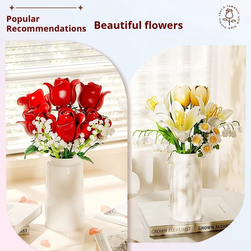 Romantic Flower Bouquet Building Blocks Creative Home Desk Plant Decoration Assemble Bricks Toy For Gifts Girls Lady, DIY gifts