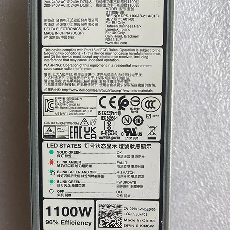 C=D1100E-S6  For Dell PowerEdge R650 R6525 R750 R7525 15th Generation EMC 1100W Power Supply PSU 0J9N6W J9N6W CN-0J9N6W