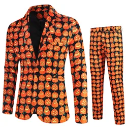 Gothic Pumpkin Printed Men's Blazer Suit 2024 Halloween Party Carnival 2 Piece Set Single Button Jackets Coat+Pants Set Handsome